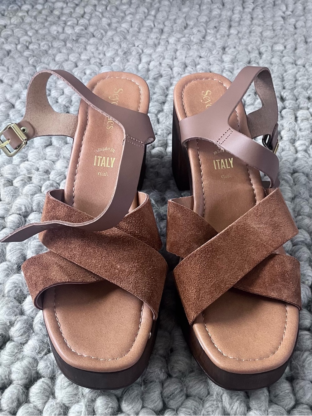 Seychelles Brown Suede Crisscross Block Heel Sandals